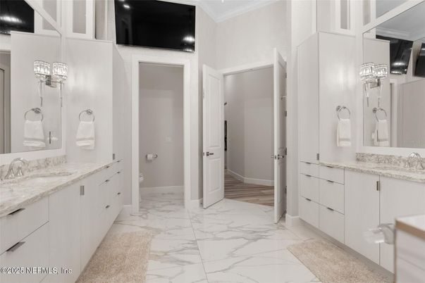 Bathroom, Dual Sink Vanities, Interior, Marble, Recessed Lighting