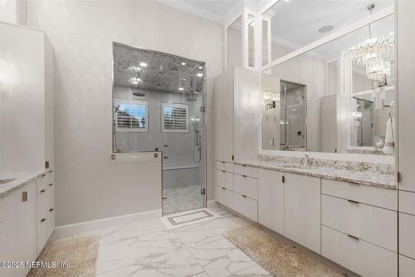 Bathroom, Dual Sink Vanities, Glass Shower, Interior, Marble, Recessed Lighting