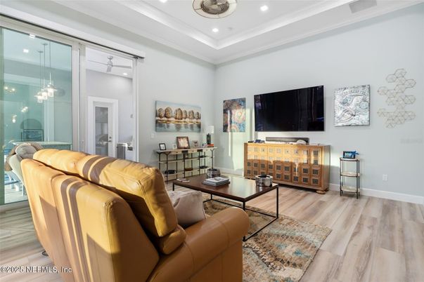 Interior, Living room, Pendant Lights, Recessed Lighting, Wood Texture Flooring