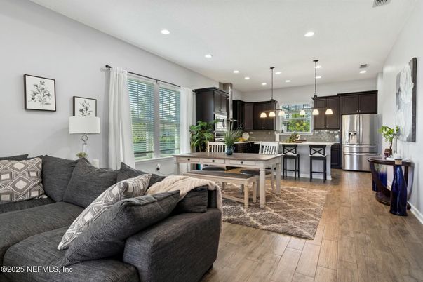 Dining room, Interior, Kitchen, Living room, Pendant Lights, Recessed Lighting, Stainless Steel Appliances, Wood Texture Flooring