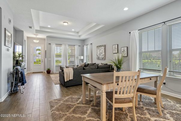 Dining room, Interior, Living room, Recessed Lighting, Wood Texture Flooring