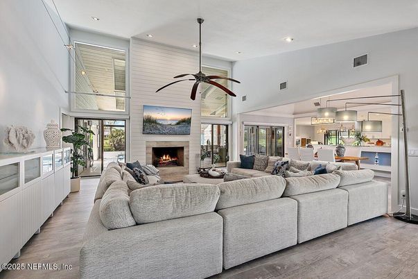 Fireplace, Interior, Kitchen, Living room, Pendant Lights, Recessed Lighting, Wood Texture Flooring
