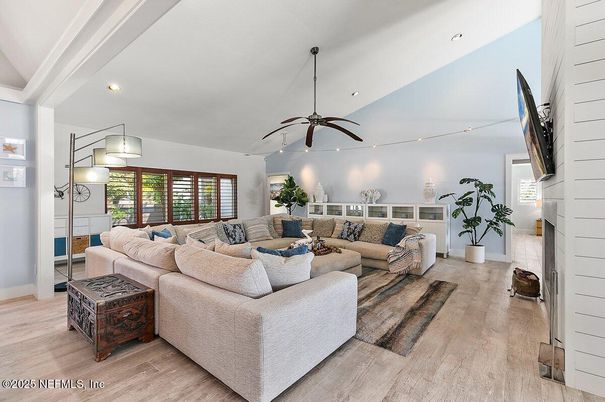Fireplace, Interior, Living room, Recessed Lighting, Wood Texture Flooring