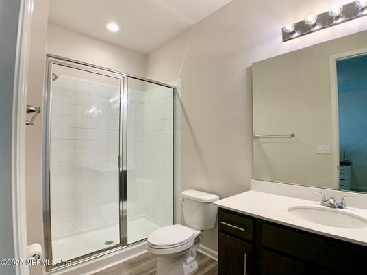 Bathroom, Glass Shower, Interior, Recessed Lighting, Wood Texture Flooring