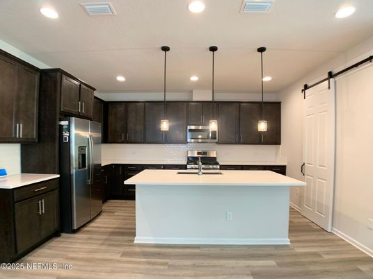 Interior, Kitchen, Pendant Lights, Recessed Lighting, Stainless Steel Appliances, Wood Texture Flooring