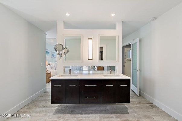 Bathroom, Dual Sink Vanities, Interior, Recessed Lighting, Wood Texture Flooring