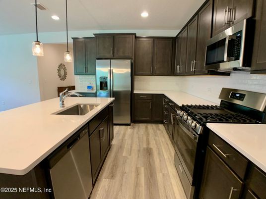 Interior, Kitchen, Pendant Lights, Recessed Lighting, Stainless Steel Appliances, Wood Texture Flooring