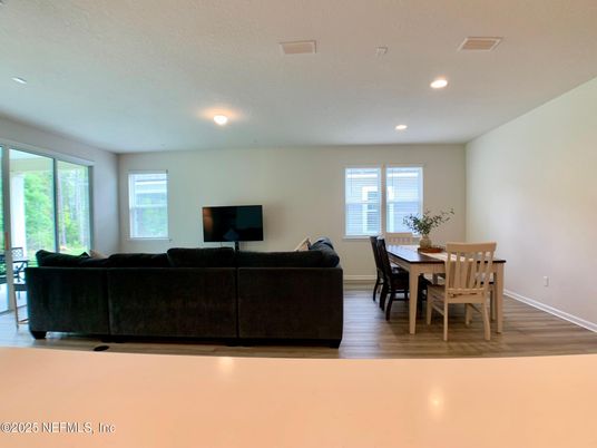 Dining room, Interior, Living room, Recessed Lighting, Wood Texture Flooring