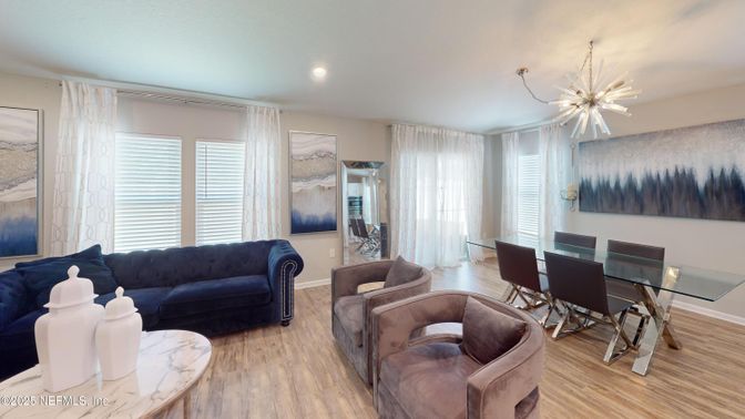 Dining room, Interior, Living room, Pendant Lights, Recessed Lighting, Wood Texture Flooring