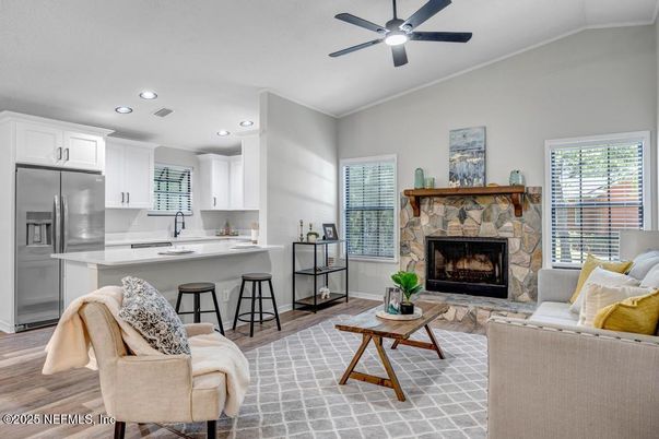 Fireplace, Interior, Kitchen, Living room, Recessed Lighting, Wood Texture Flooring