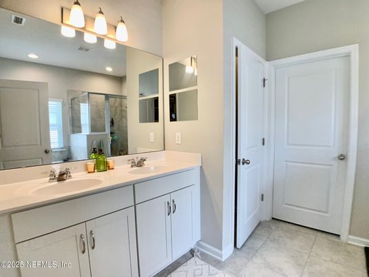 Bathroom, Dual Sink Vanities, Glass Shower, Interior, Recessed Lighting