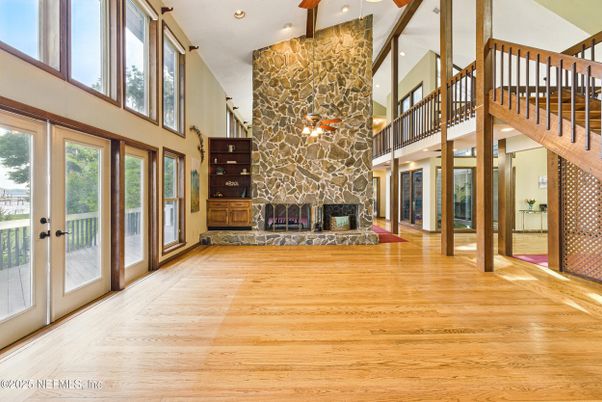 Fireplace, Interior, Pendant Lights, Recessed Lighting, Wood Texture Flooring
