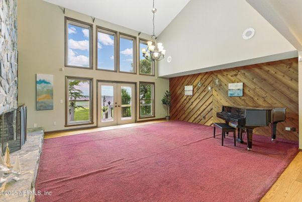 Chandelier, Fireplace, Interior, Pendant Lights, Piano, Wooden Walls