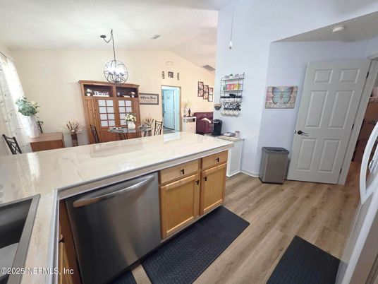 Dining room, Interior, Kitchen, Pendant Lights, Wood Texture Flooring