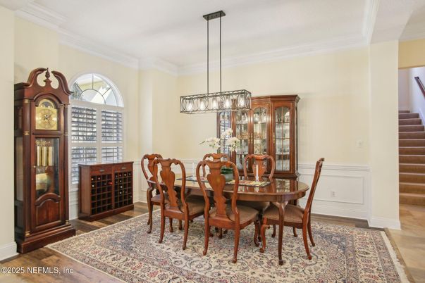 Dining room, Interior, Pendant Lights, Wood Texture Flooring