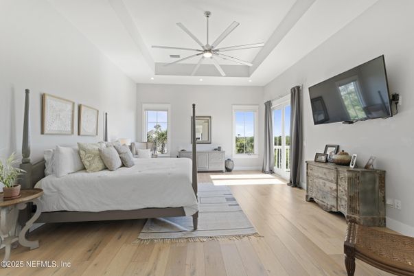 Bedroom, Interior, Pendant Lights, Recessed Lighting, Wood Texture Flooring