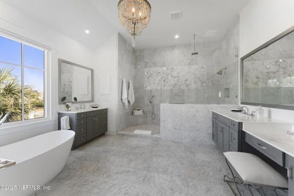 Bathroom, Chandelier, Dual Sink Vanities, Free Standing Baths, Interior, Marble, Marble Walls, Recessed Lighting