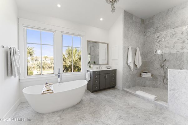 Bathroom, Dual Sink Vanities, Free Standing Baths, Interior, Marble, Marble Walls, Recessed Lighting