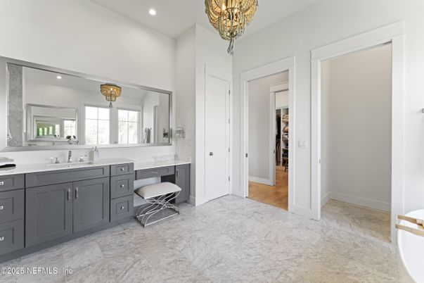 Bathroom, Chandelier, Dual Sink Vanities, Interior, Recessed Lighting, Wood Texture Flooring