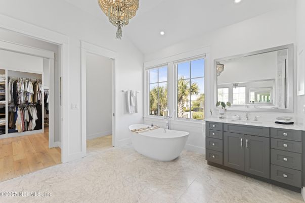Bathroom, Chandelier, Dual Sink Vanities, Free Standing Baths, Interior, Recessed Lighting, Wood Texture Flooring