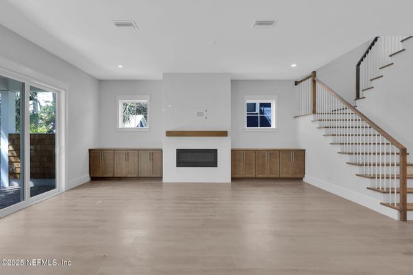 Fireplace, Interior, Recessed Lighting, Wood Texture Flooring