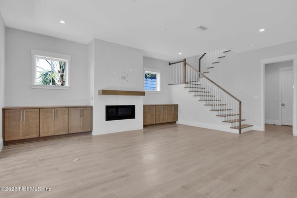 Empty room, Fireplace, Interior, Recessed Lighting, Wood Texture Flooring