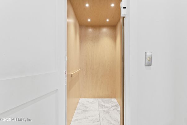 Elevator, Interior, Recessed Lighting, Wooden Ceilings, Wooden Walls