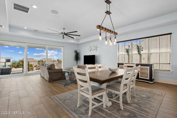 Dining room, Interior, Living room, Pendant Lights, Recessed Lighting, Wood Texture Flooring