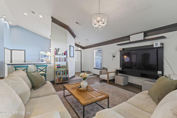 Interior, Living room, Pendant Lights, Recessed Lighting, Wood Texture Flooring