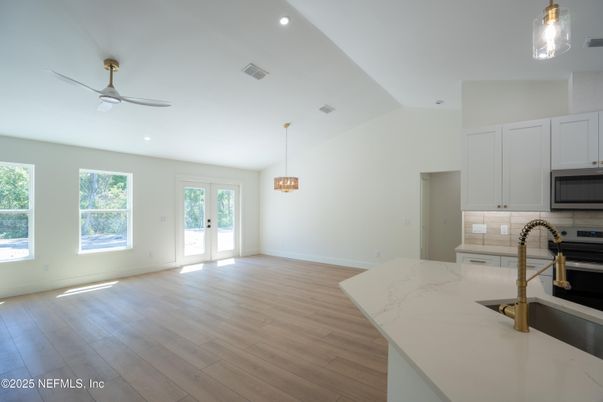 Empty room, Interior, Kitchen, Pendant Lights, Recessed Lighting, Wood Texture Flooring