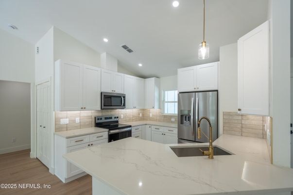 Interior, Kitchen, Pendant Lights, Recessed Lighting, Stainless Steel Appliances, Wood Texture Flooring