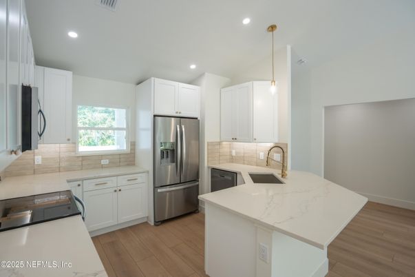 Interior, Kitchen, Pendant Lights, Recessed Lighting, Stainless Steel Appliances, Wood Texture Flooring