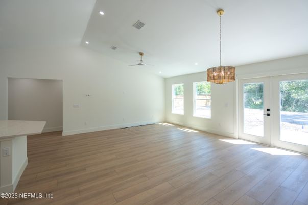 Empty room, Interior, Pendant Lights, Recessed Lighting, Wood Texture Flooring