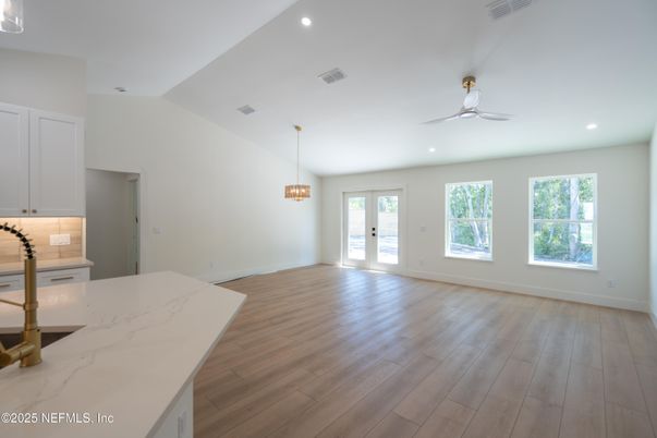 Empty room, Interior, Pendant Lights, Recessed Lighting, Wood Texture Flooring