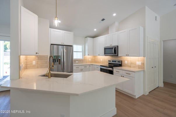 Interior, Kitchen, Pendant Lights, Recessed Lighting, Stainless Steel Appliances, Wood Texture Flooring