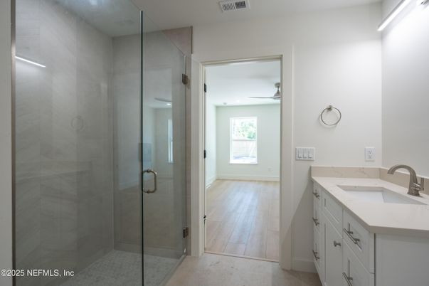 Bathroom, Glass Shower, Interior, Recessed Lighting, Wood Texture Flooring