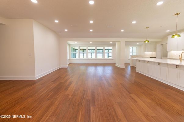 Empty room, Interior, Kitchen, Pendant Lights, Recessed Lighting, Wood Texture Flooring