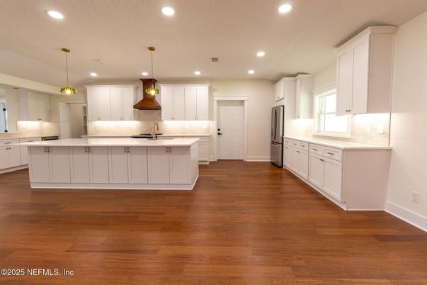 Interior, Kitchen, Pendant Lights, Recessed Lighting, Stainless Steel Appliances, Wood Texture Flooring