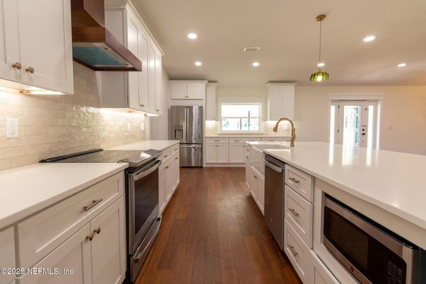 Interior, Kitchen, Pendant Lights, Recessed Lighting, Stainless Steel Appliances, Wood Texture Flooring