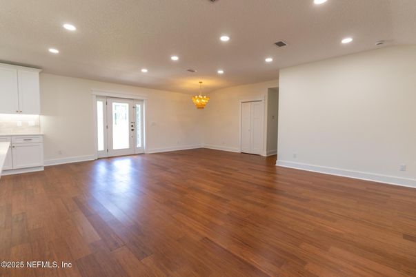 Chandelier, Empty room, Interior, Recessed Lighting, Wood Texture Flooring