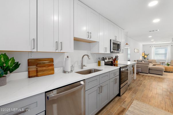 Interior, Kitchen, Living room, Pendant Lights, Recessed Lighting, Stainless Steel Appliances, Wood Texture Flooring