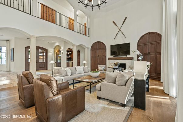 Chandelier, Fireplace, Interior, Living room, Recessed Lighting, Wood Texture Flooring