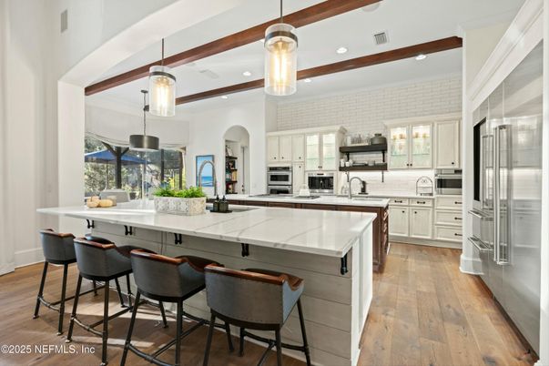 Interior, Kitchen, Pendant Lights, Recessed Lighting, Stainless Steel Appliances, Wooden Beams, Wood Texture Flooring