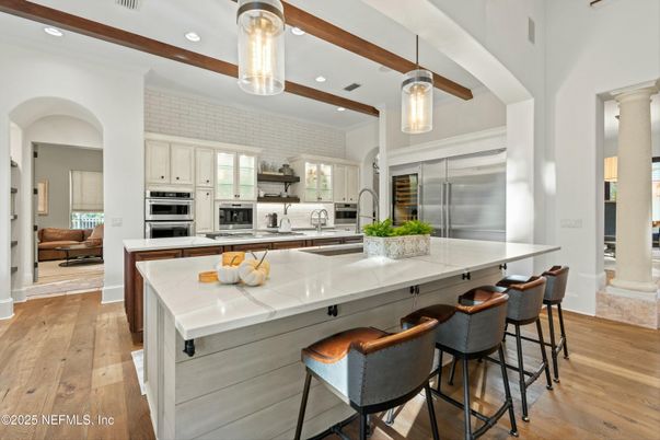 Interior, Kitchen, Pendant Lights, Recessed Lighting, Stainless Steel Appliances, Wooden Beams, Wood Texture Flooring