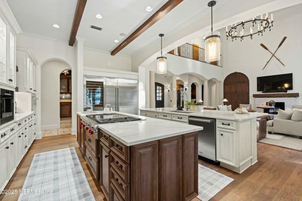 Fireplace, Interior, Kitchen, Living room, Pendant Lights, Recessed Lighting, Stainless Steel Appliances, Wooden Beams, Wood Texture Flooring