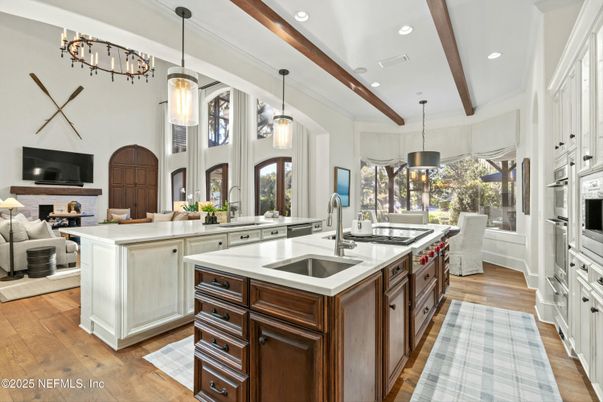 Fireplace, Interior, Kitchen, Living room, Pendant Lights, Recessed Lighting, Wooden Beams, Wood Texture Flooring