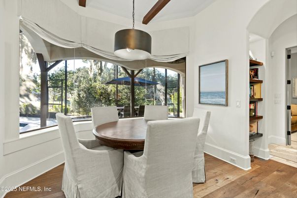 Dining room, Interior, Pendant Lights, Wood Texture Flooring