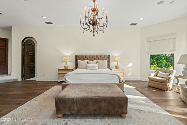 Bedroom, Chandelier, Interior, Recessed Lighting, Wood Texture Flooring