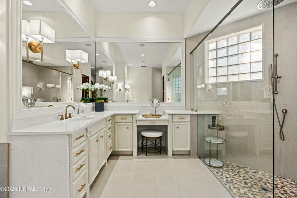 Bathroom, Dual Sink Vanities, Glass Shower, Interior, Recessed Lighting