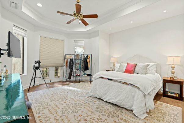 Bedroom, Interior, Recessed Lighting, Wood Texture Flooring